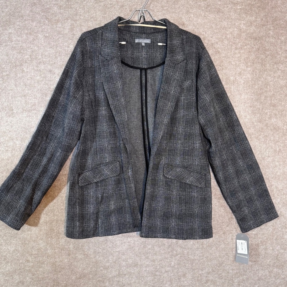 Wit & Wisdom Blazer Women XL NWT Charcoal Black Plaid Herringbone Open Front